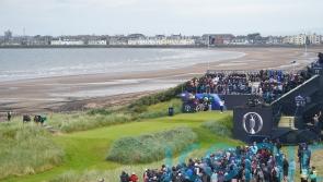 Justin Leonard hits the first shot of the 152nd Open at a cloudy Troon