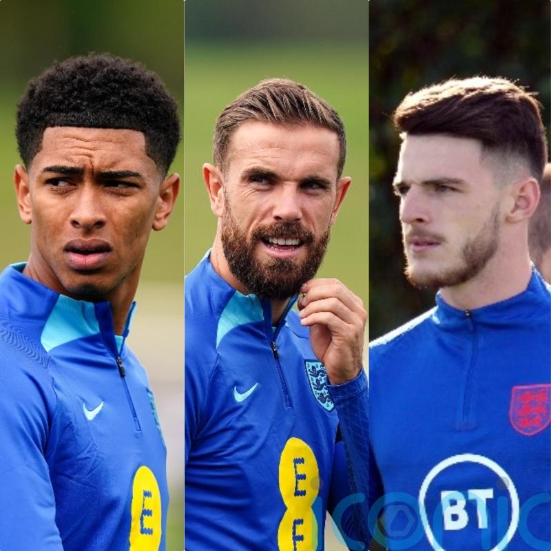 England trio Jude Bellingham, Jordan Henderson and Declan Rice train indoors